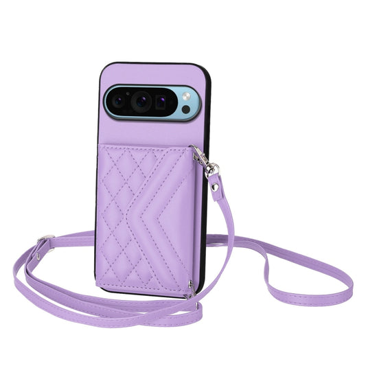 For Google Pixel 9 / 9 Pro Rhombic Texture Card Bag RFID Phone Case with Long Lanyard(Light Purple) - Google Cases by buy2fix | Online Shopping UK | buy2fix