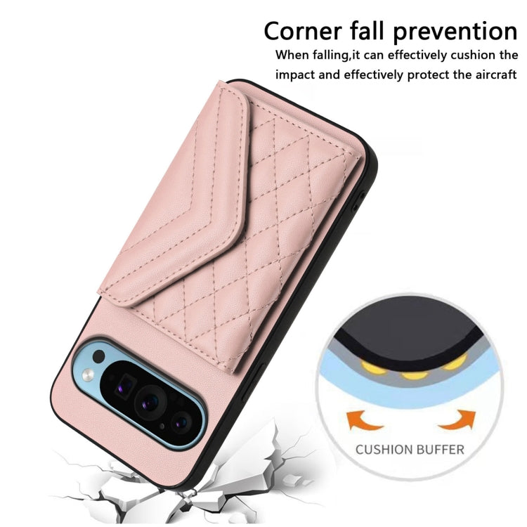 For Google Pixel 9 / 9 Pro Rhombic Texture Card Bag RFID Phone Case with Long Lanyard(Rose Gold) - Google Cases by buy2fix | Online Shopping UK | buy2fix