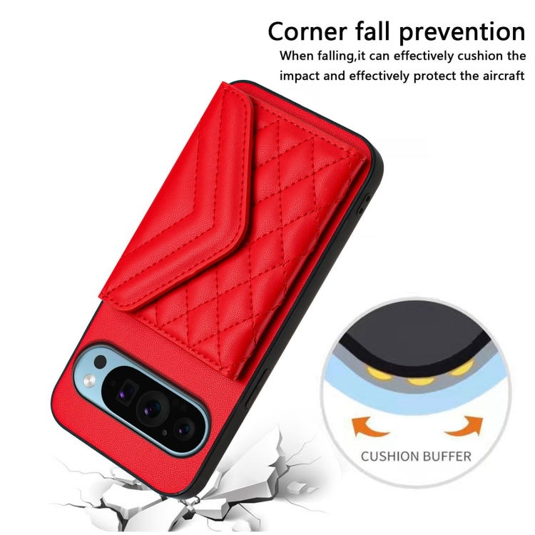 For Google Pixel 9 / 9 Pro Rhombic Texture Card Bag RFID Phone Case with Long Lanyard(Red) - Google Cases by buy2fix | Online Shopping UK | buy2fix