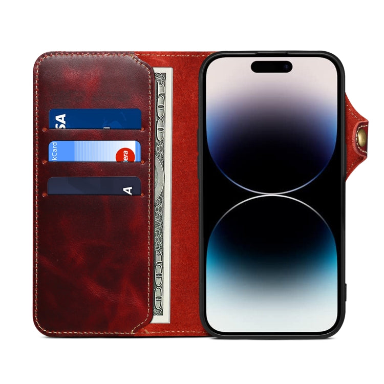 For iPhone 16 Denior B01 Oil Wax Cowhide Magnetic Button Genuine Leather Case(Red) - iPhone 16 Cases by Denior | Online Shopping UK | buy2fix