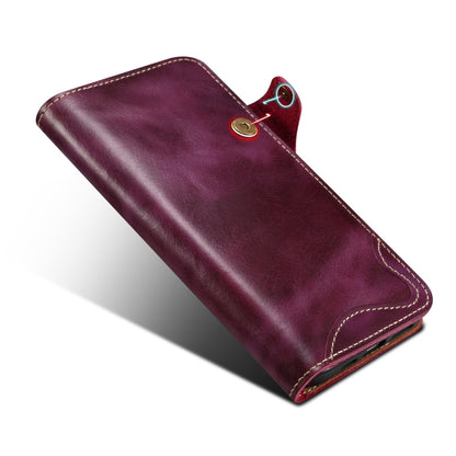 For iPhone 16 Denior B01 Oil Wax Cowhide Magnetic Button Genuine Leather Case(Purple) - iPhone 16 Cases by Denior | Online Shopping UK | buy2fix