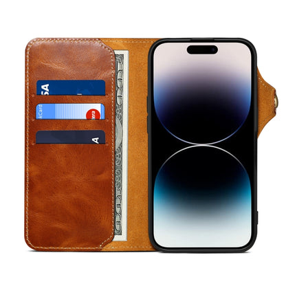 For iPhone 16 Plus Denior B01 Oil Wax Cowhide Magnetic Button Genuine Leather Case(Brown) - iPhone 16 Plus Cases by Denior | Online Shopping UK | buy2fix