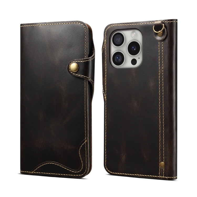 For iPhone 16 Pro Denior B01 Oil Wax Cowhide Magnetic Button Genuine Leather Case(Black) - iPhone 16 Pro Cases by Denior | Online Shopping UK | buy2fix