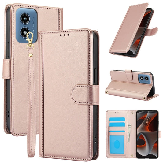 For Motorola Moto G Play 2024 Skin Feel Pure Color Card Slots Leather Phone Case with Dual Lanyard(Rose Gold) - Motorola Cases by buy2fix | Online Shopping UK | buy2fix