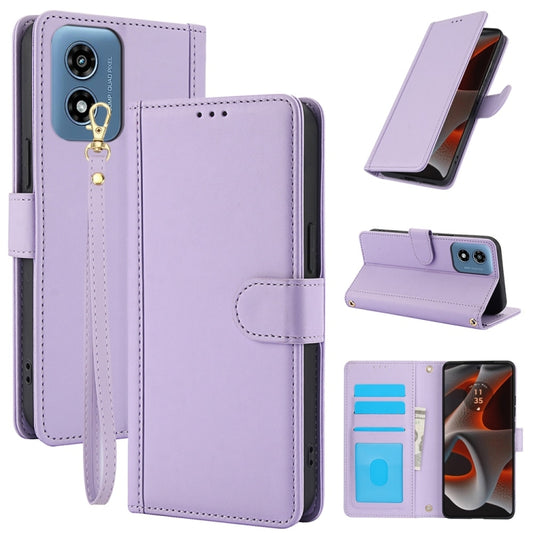 For Motorola Moto G Play 2024 Skin Feel Pure Color Card Slots Leather Phone Case with Dual Lanyard(Purple) - Motorola Cases by buy2fix | Online Shopping UK | buy2fix