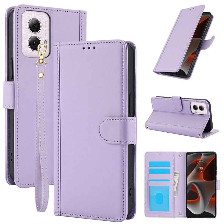 For Motorola Moto G Power 5G 2024 Skin Feel Pure Color Card Slots Leather Phone Case with Dual Lanyard(Purple) - Motorola Cases by buy2fix | Online Shopping UK | buy2fix