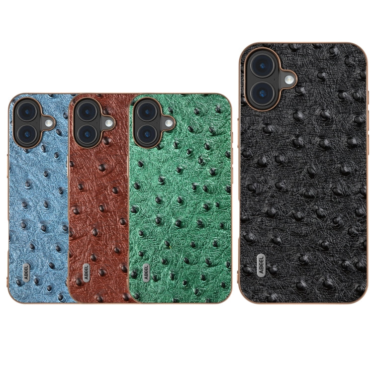 For iPhone 16 Plus ABEEL Electroplating Frame Genuine Leather Ostrich Texture Phone Case(Dark Blue) - iPhone 16 Plus Cases by buy2fix | Online Shopping UK | buy2fix