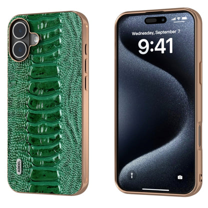 For iPhone 16 ABEEL Electroplating Frame Genuine Leather Weilai Series Phone Case(Green) - iPhone 16 Cases by buy2fix | Online Shopping UK | buy2fix