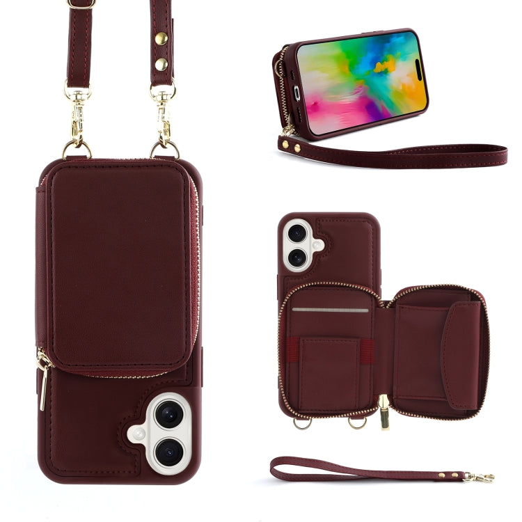 For iPhone 16 Crossbody Zipper Wallet Bag Leather Phone Case with Lanyard(Wine Red) - iPhone 16 Cases by buy2fix | Online Shopping UK | buy2fix