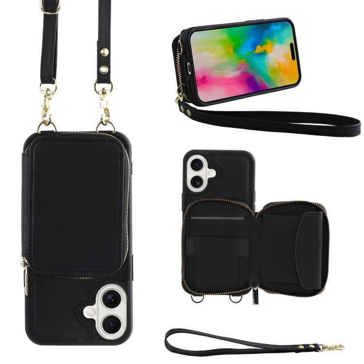 For iPhone 16 Plus Crossbody Zipper Wallet Bag Leather Phone Case with Lanyard(Black) - iPhone 16 Plus Cases by buy2fix | Online Shopping UK | buy2fix