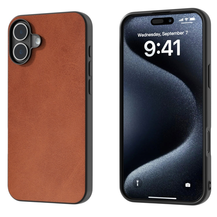 For iPhone 16 Black Frame Two-color Calf Texture PU Phone Case(Brown) - iPhone 16 Cases by buy2fix | Online Shopping UK | buy2fix