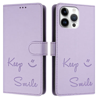 For iPhone 16 Pro Max Smile Embossing RFID Leather Phone Case(Light Purple) - iPhone 16 Pro Max Cases by buy2fix | Online Shopping UK | buy2fix