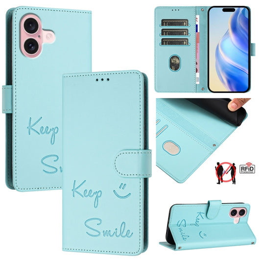 For iPhone 16 Smile Embossing RFID Leather Phone Case(Mint Green) - iPhone 16 Cases by buy2fix | Online Shopping UK | buy2fix