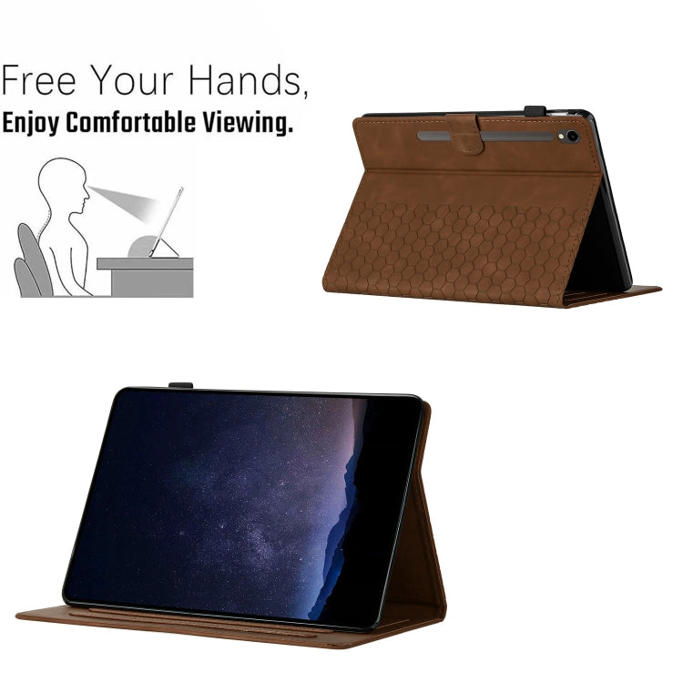 For Samsung Galaxy Tab S9 / S9 FE Honeycomb Embossed Leather Smart Tablet Case(Brown) - Galaxy Tab S9 Cases by buy2fix | Online Shopping UK | buy2fix