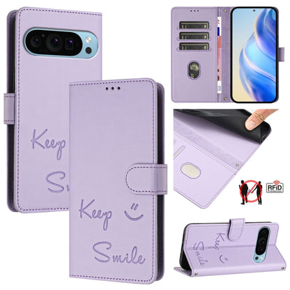 For Google Pixel 9 / Pixel 9 Pro Smile Embossing RFID Leather Phone Case(Light Purple) - Google Cases by buy2fix | Online Shopping UK | buy2fix