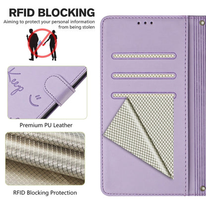 For Google Pixel 9 / Pixel 9 Pro Smile Embossing RFID Leather Phone Case(Light Purple) - Google Cases by buy2fix | Online Shopping UK | buy2fix