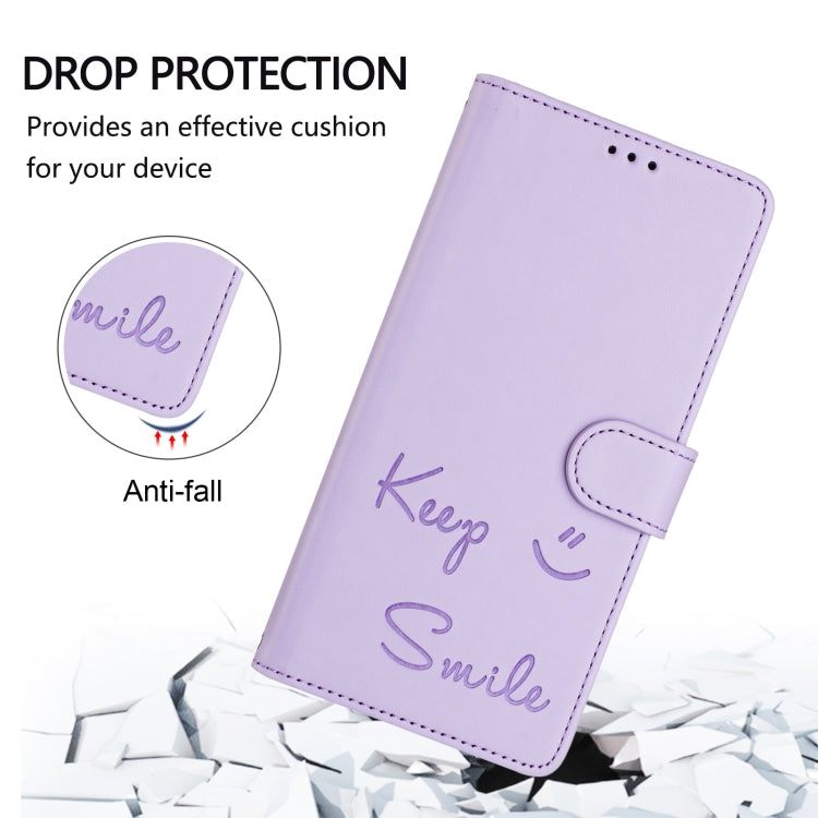 For Motorola Moto G Play 4G 2024 Global Smile Embossing RFID Leather Phone Case(Light Purple) - Motorola Cases by buy2fix | Online Shopping UK | buy2fix