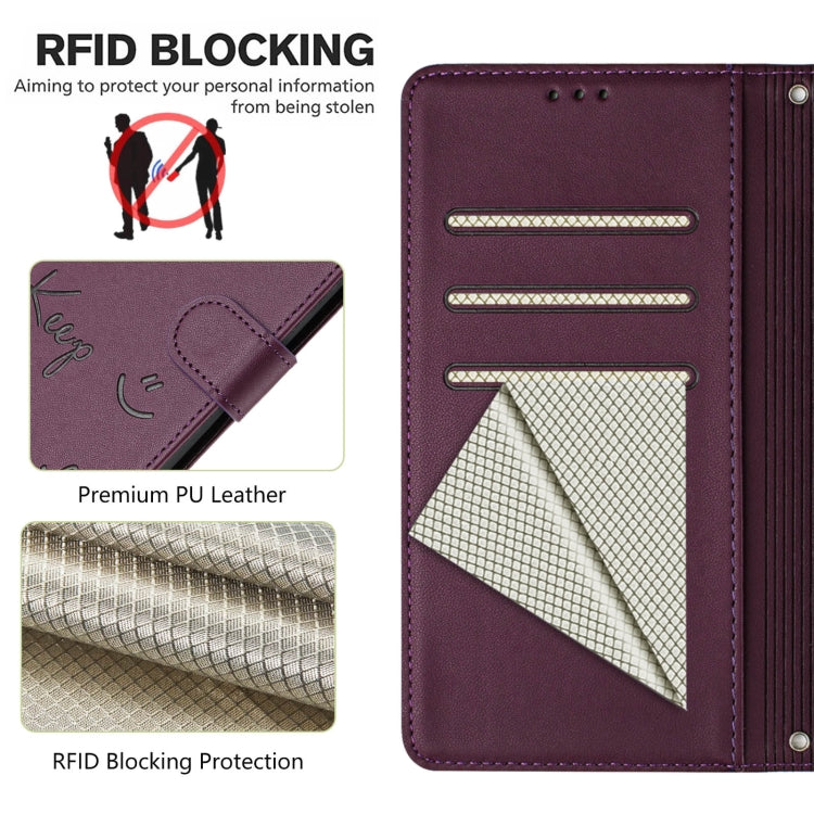 For Motorola Moto G Play 4G 2024 Global Smile Embossing RFID Leather Phone Case(Violet) - Motorola Cases by buy2fix | Online Shopping UK | buy2fix