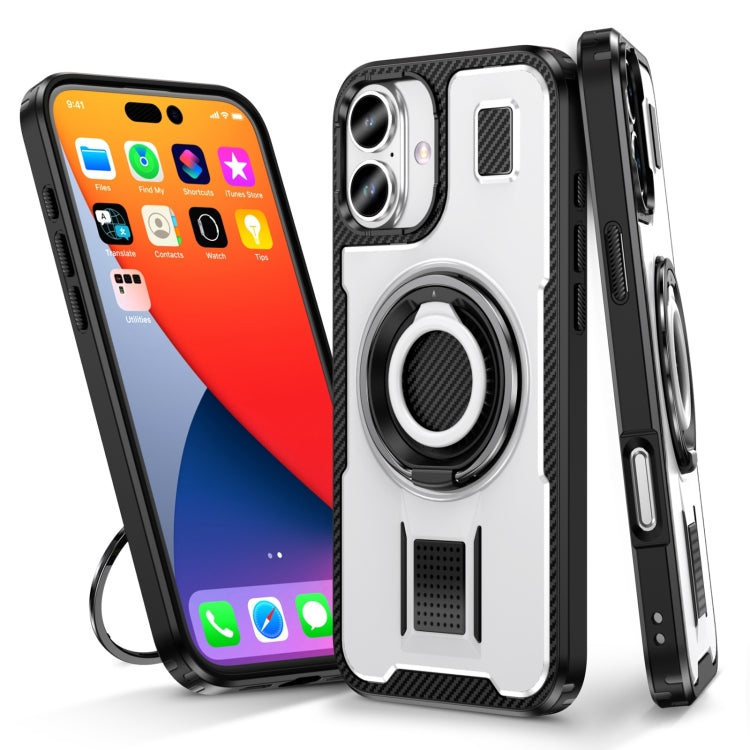 For iPhone 16 Ring Holder Carbon Fiber PC Hybrid TPU Phone Case(White) - iPhone 16 Cases by buy2fix | Online Shopping UK | buy2fix