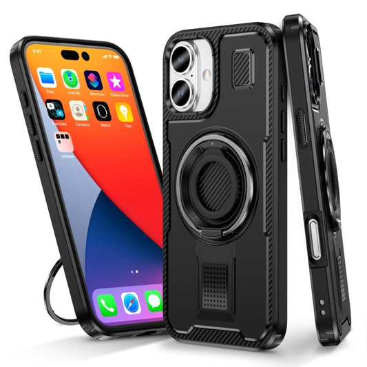 For iPhone 16 Ring Holder Carbon Fiber PC Hybrid TPU Phone Case(Black) - iPhone 16 Cases by buy2fix | Online Shopping UK | buy2fix