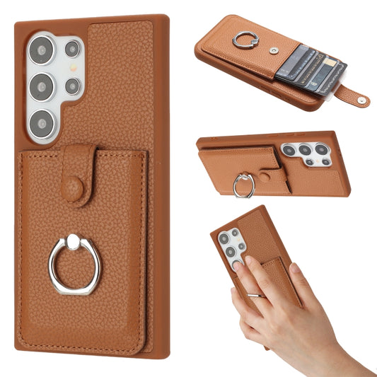 For Samsung Galaxy S25 Ultra 5G Litchi Texture Drawing Card Bag Ring Holder Phone Case(Brown) - Galaxy S25 Ultra 5G Cases by buy2fix | Online Shopping UK | buy2fix