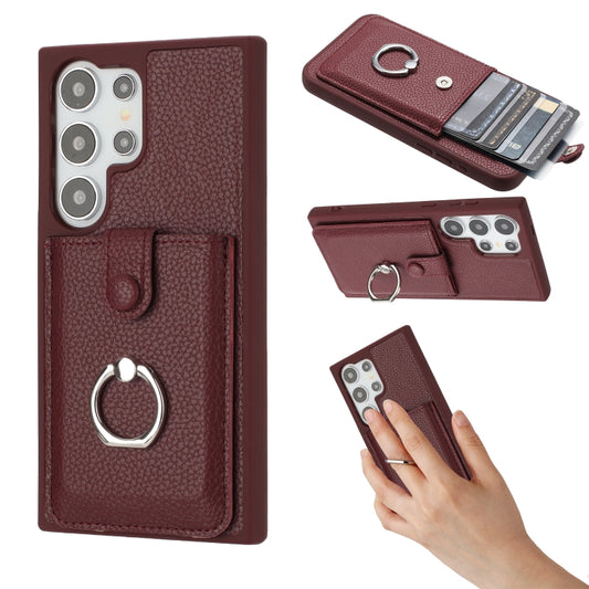 For Samsung Galaxy S25 Ultra 5G Litchi Texture Drawing Card Bag Ring Holder Phone Case(Wine Red) - Galaxy S25 Ultra 5G Cases by buy2fix | Online Shopping UK | buy2fix