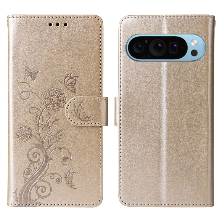 For Google Pixel 9 / 9 Pro Embossed Butterfly Flowers Leather Phone Case(Gold) - Google Cases by buy2fix | Online Shopping UK | buy2fix