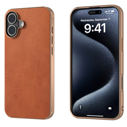 For iPhone 16 Plus Nano Electroplating Dual Color Cowhide Texture Protective Phone Case(Brown) - iPhone 16 Plus Cases by buy2fix | Online Shopping UK | buy2fix