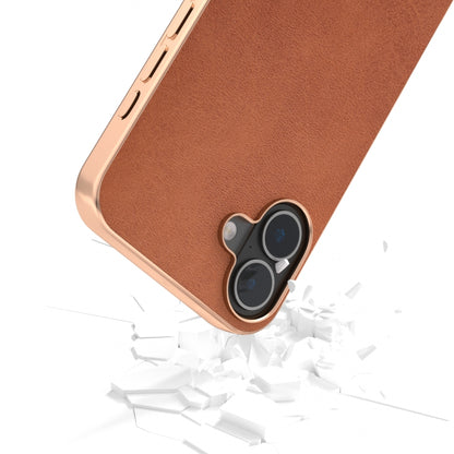 For iPhone 16 Plus Nano Electroplating Dual Color Cowhide Texture Protective Phone Case(Brown) - iPhone 16 Plus Cases by buy2fix | Online Shopping UK | buy2fix