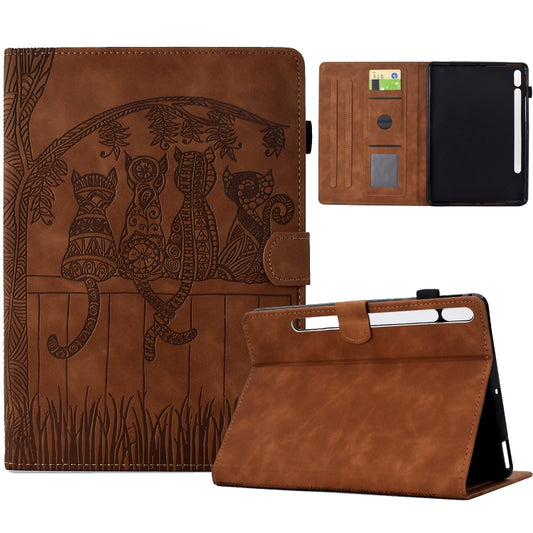 For Samsung Galaxy Tab S9 / S9 FE Cats Embossed Leather Smart Tablet Case(Brown) - Galaxy Tab S9 Cases by buy2fix | Online Shopping UK | buy2fix