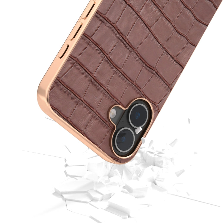 For iPhone 16 Plus ABEEL Electroplating Frame Crocodile Texture Genuine Leather Phone Case(Brown) - iPhone 16 Plus Cases by buy2fix | Online Shopping UK | buy2fix