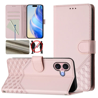 For iPhone 16 Honeycomb Embossing RFID Leather Phone Case(Pink) - iPhone 16 Cases by buy2fix | Online Shopping UK | buy2fix