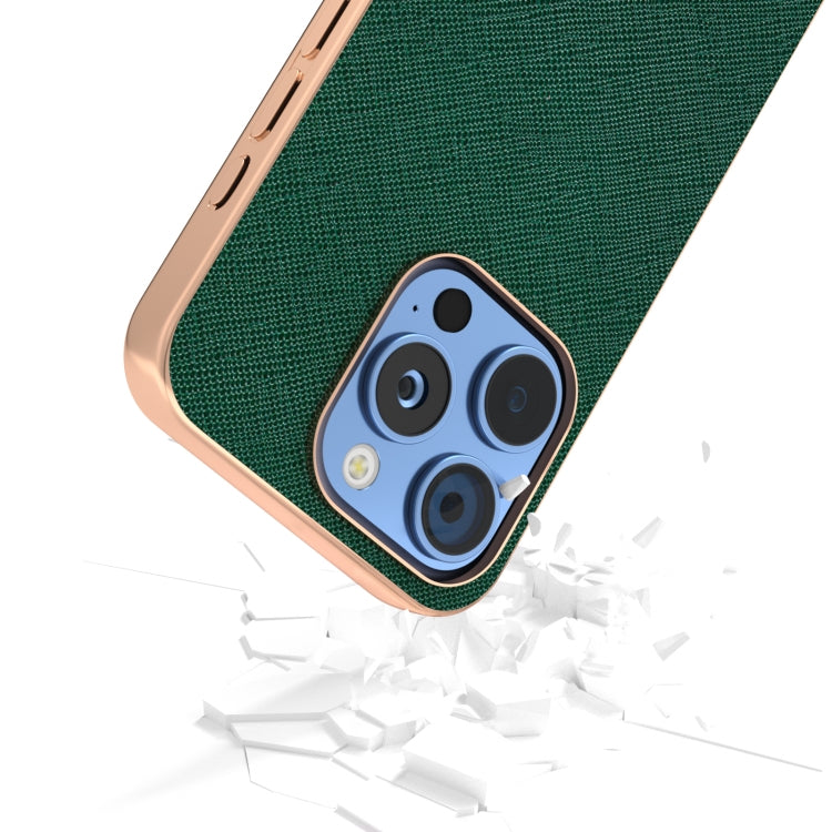 For iPhone 16 Pro Max ABEEL Electroplating Frame Cross Texture Genuine Leather Phone Case(Green) - iPhone 16 Pro Max Cases by buy2fix | Online Shopping UK | buy2fix