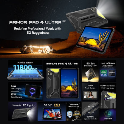 [HK Warehouse] Ulefone Armor Pad 4 Ultra Rugged Tablet PC, 8GB+256GB, 10.36 inch Android 14 MediaTek Dimensity 6300 Octa Core 5G Network, EU Plug(Black) - Other by Ulefone | Online Shopping UK | buy2fix