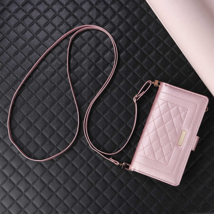 For iPhone 16 Pro Max Crossbody Zipper Wallet Rhombus Leather Phone Case(Rose Gold) - iPhone 16 Pro Max Cases by buy2fix | Online Shopping UK | buy2fix