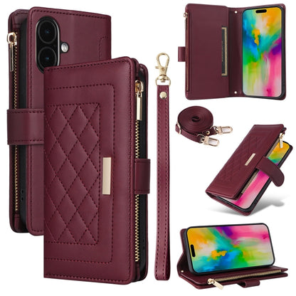 For iPhone 16 Plus Crossbody Zipper Wallet Rhombus Leather Phone Case(Wine Red) - iPhone 16 Plus Cases by buy2fix | Online Shopping UK | buy2fix