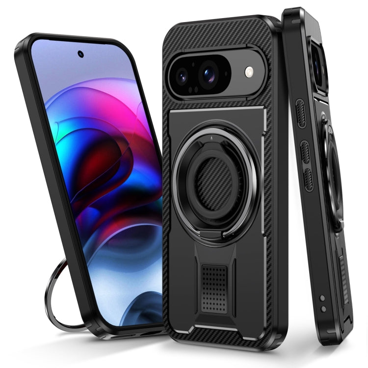 For Google Pixel 9 / 9 Pro Ring Holder Carbon Fiber PC Hybrid TPU Phone Case(Black) - Google Cases by buy2fix | Online Shopping UK | buy2fix