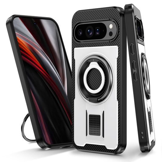 For Google Pixel 9 Pro XL Ring Holder Carbon Fiber PC Hybrid TPU Phone Case(White) - Google Cases by buy2fix | Online Shopping UK | buy2fix