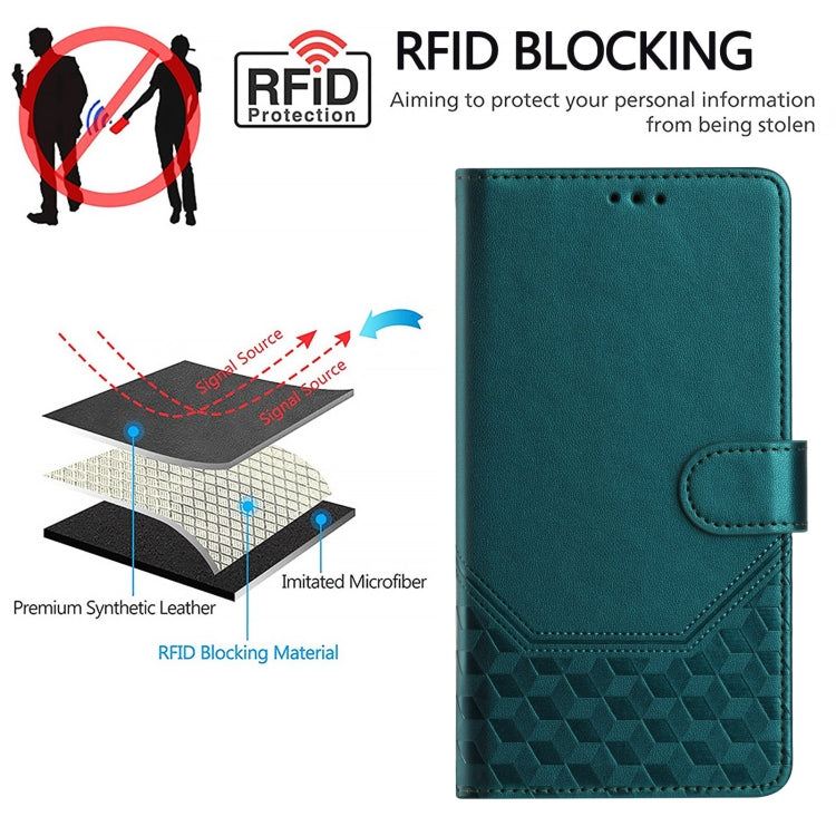 For Motorola Moto G 5G 2024 Oversea Honeycomb Embossing RFID Leather Phone Case(Peacock Green) - Motorola Cases by buy2fix | Online Shopping UK | buy2fix