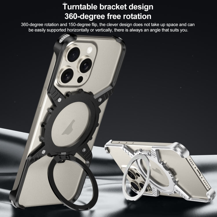 For iPhone 16 Plus / 15 Pro Max Mechanical Gear MagSafe Holder Borderless Metal Phone Case(Black) - iPhone 16 Plus Cases by buy2fix | Online Shopping UK | buy2fix