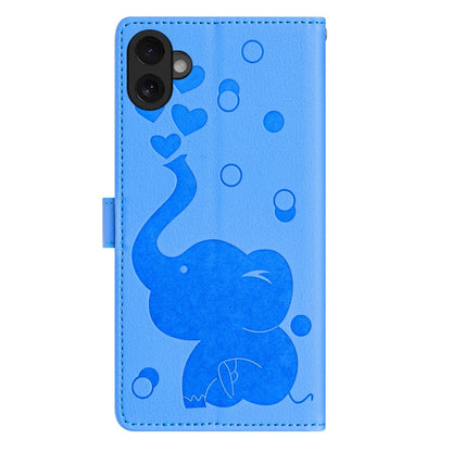 For iPhone 16 Cartoon Elephant Embossed Leather Phone Case(Blue) - iPhone 16 Cases by buy2fix | Online Shopping UK | buy2fix