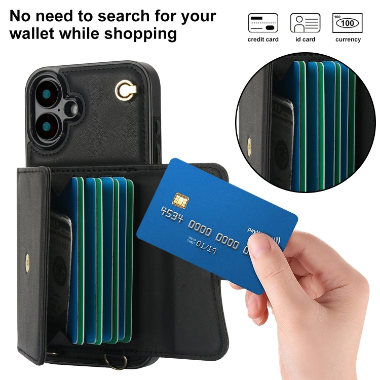 For iPhone 16 RFID Card Slot Phone Case with Long Lanyard(Black) - iPhone 16 Cases by buy2fix | Online Shopping UK | buy2fix