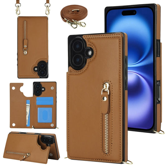 For iPhone 16 Cross-body Zipper Square Phone Case(Brown) - iPhone 16 Cases by buy2fix | Online Shopping UK | buy2fix