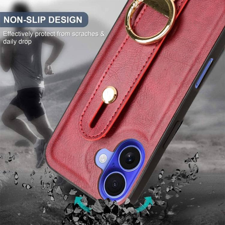 For iPhone 16 Plus Wristband Leather Back Phone Case(Red) - iPhone 16 Plus Cases by buy2fix | Online Shopping UK | buy2fix