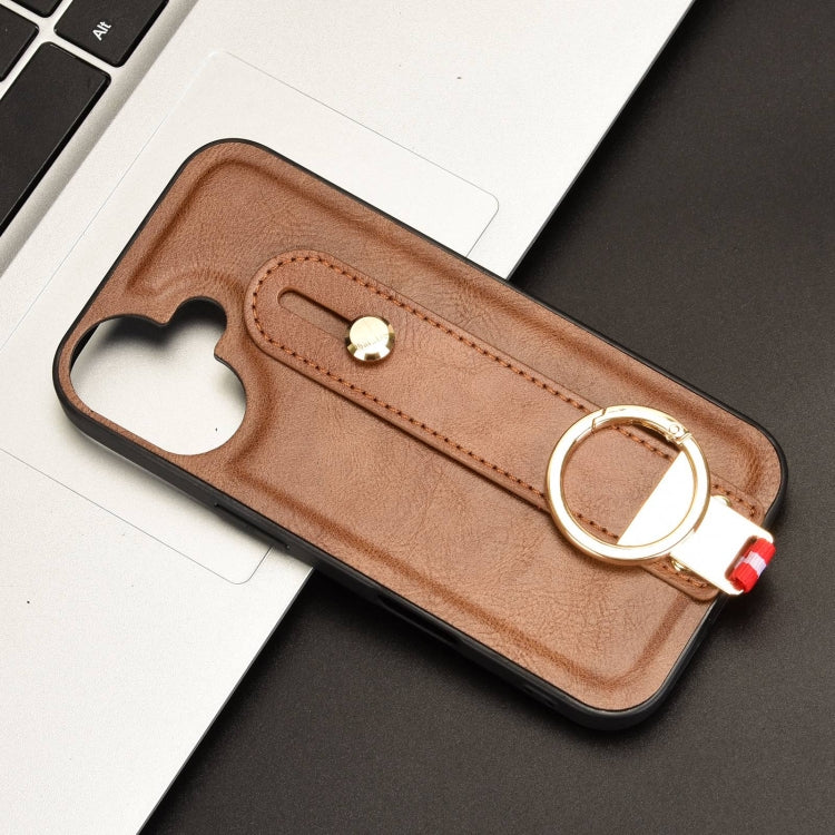 For iPhone 16 Plus Wristband Leather Back Phone Case(Brown) - iPhone 16 Plus Cases by buy2fix | Online Shopping UK | buy2fix