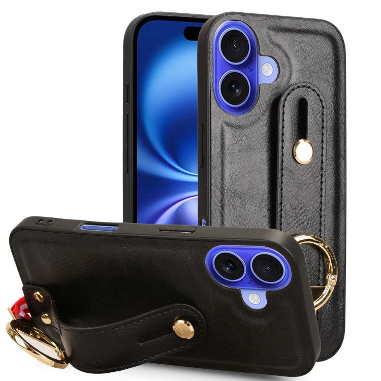 For iPhone 16 Wristband Leather Back Phone Case(Black) - iPhone 16 Cases by buy2fix | Online Shopping UK | buy2fix