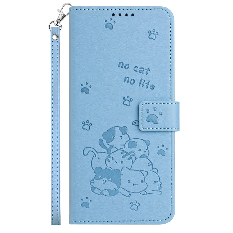 For iPhone 16 Pro Embossed Kitten Phone Leather Case with Lanyard(Blue) - iPhone 16 Pro Cases by buy2fix | Online Shopping UK | buy2fix