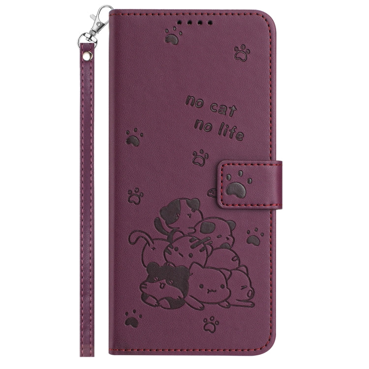 For iPhone 16 Embossed Kitten Phone Leather Case with Lanyard(Wine Red) - iPhone 16 Cases by buy2fix | Online Shopping UK | buy2fix