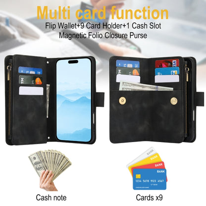 For iPhone 16 Plus Dream 9-Card Zipper Wallet RFID Leather Phone Case with Lanyard(Black) - iPhone 16 Plus Cases by buy2fix | Online Shopping UK | buy2fix