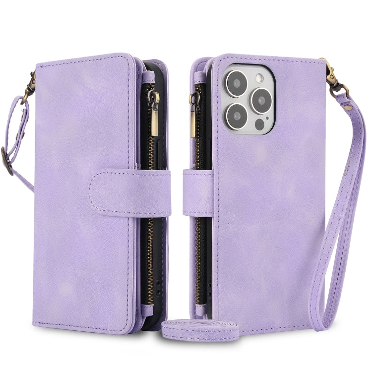 For iPhone 16 Pro Dream 9-Card Zipper Wallet RFID Leather Phone Case with Lanyard(Purple) - iPhone 16 Pro Cases by buy2fix | Online Shopping UK | buy2fix